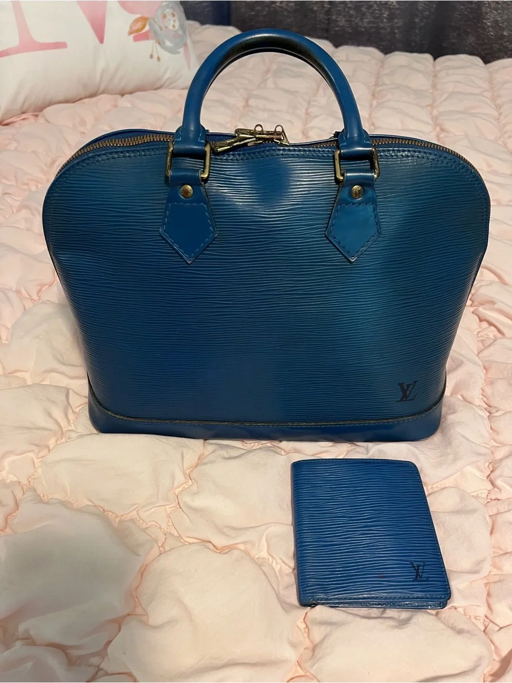 Authentic Louis Vuitton Blue Epi Leather Alma Satchel with Matching Card Holder